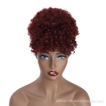Aisi Hair Cheap Price Afro Puff Heat Resistant Fiber Chignon Bun Vendors Short Afro Curly Updo Hair Synthetic Bun With Fringe